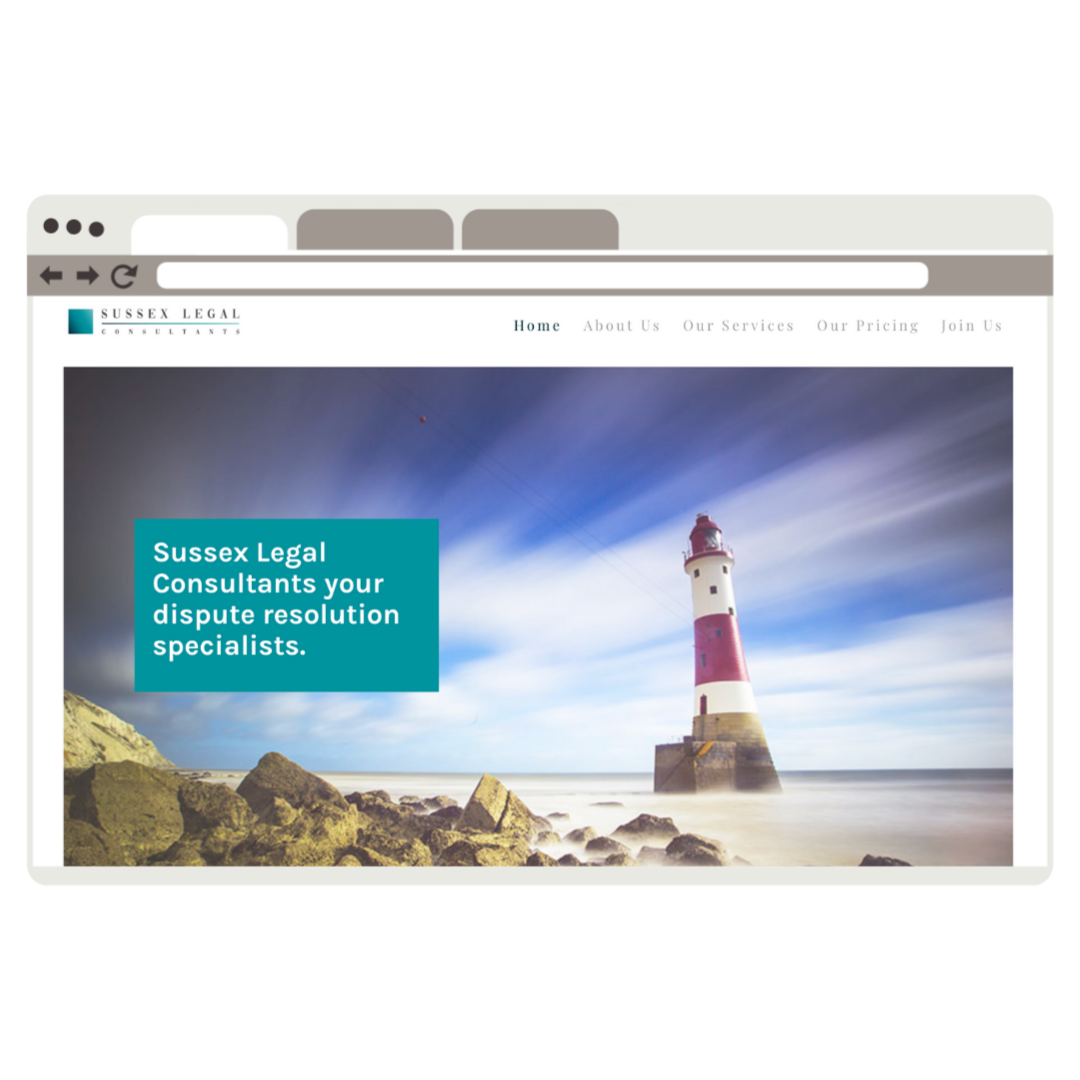Screenshot of Sussex Legal Consultants website featuring a lighthouse on a rocky coast with a blue sky and clouds, and text indicating they are dispute resolution specialists.