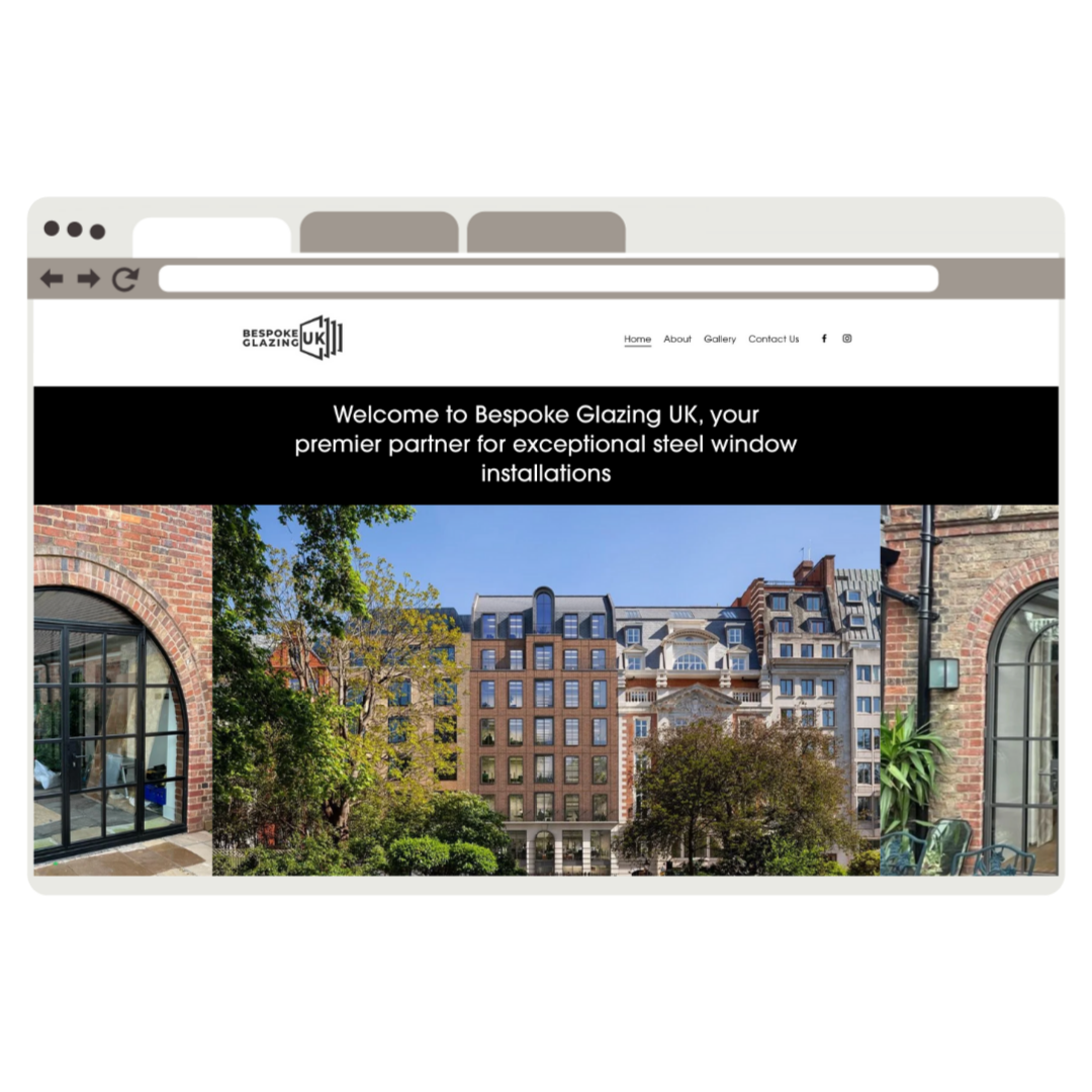 Screenshot of a website homepage for Bespoke Glazing UK, featuring a black banner with white text and a background image of city buildings, trees, and large arched windows.