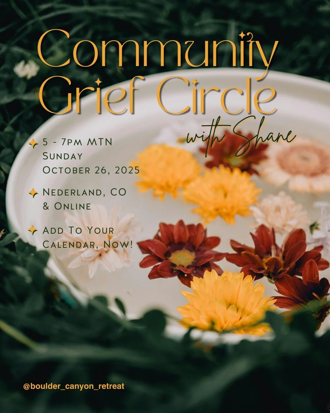 🍂 Grief & Love Circle – Oct 26 🍂
Autumn invites us to breathe, to feel, to honor what’s been lost and what remains.
Join our hybrid Grief Circle for ritual, remembrance, and healing.
Bring flowers, bring your heart.
Honor grief