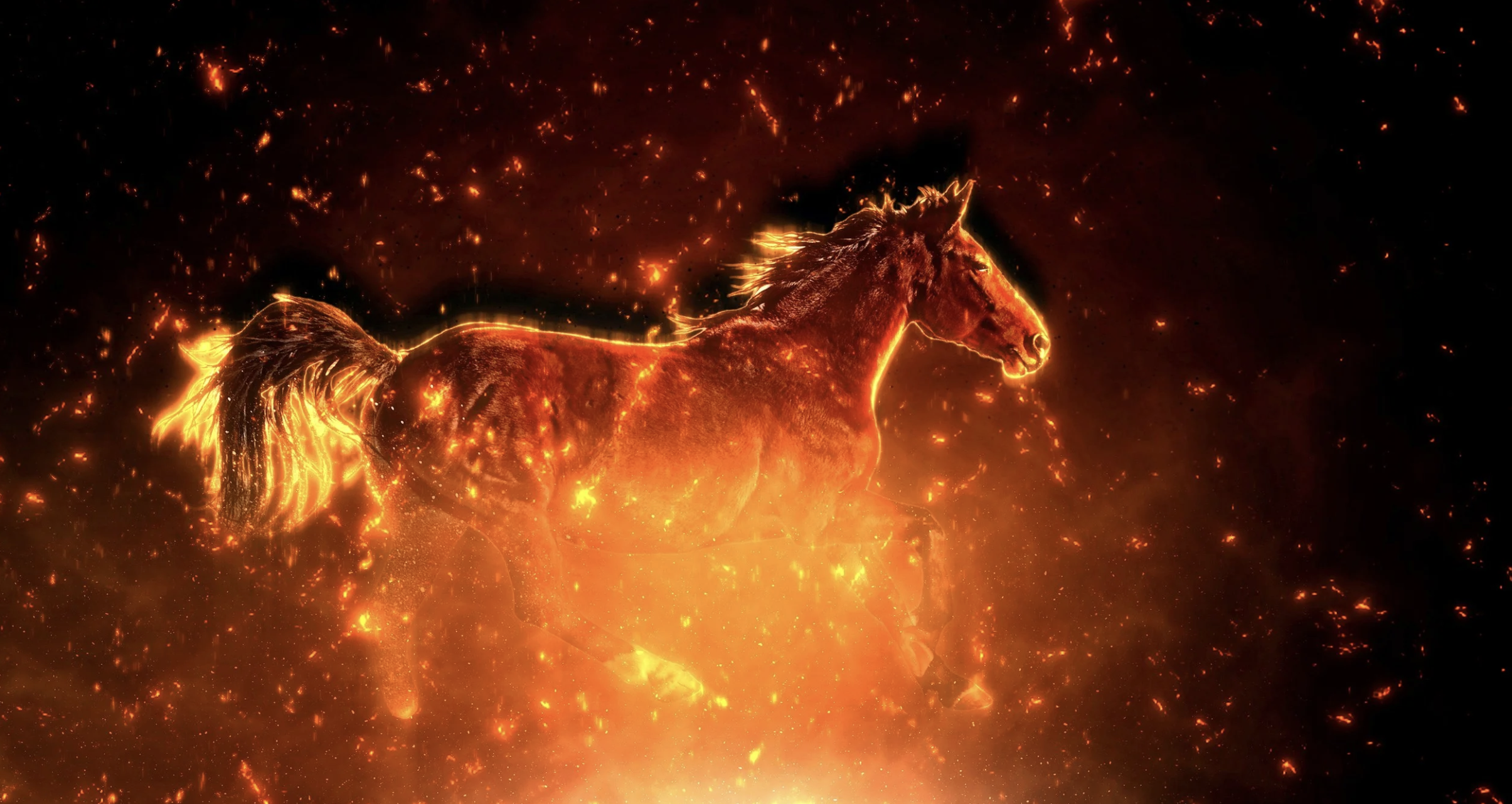 artist rendition of a horse running through fire, sparks, and a heavy shadow behind. Brings feelings of movement, excitement, and passion.