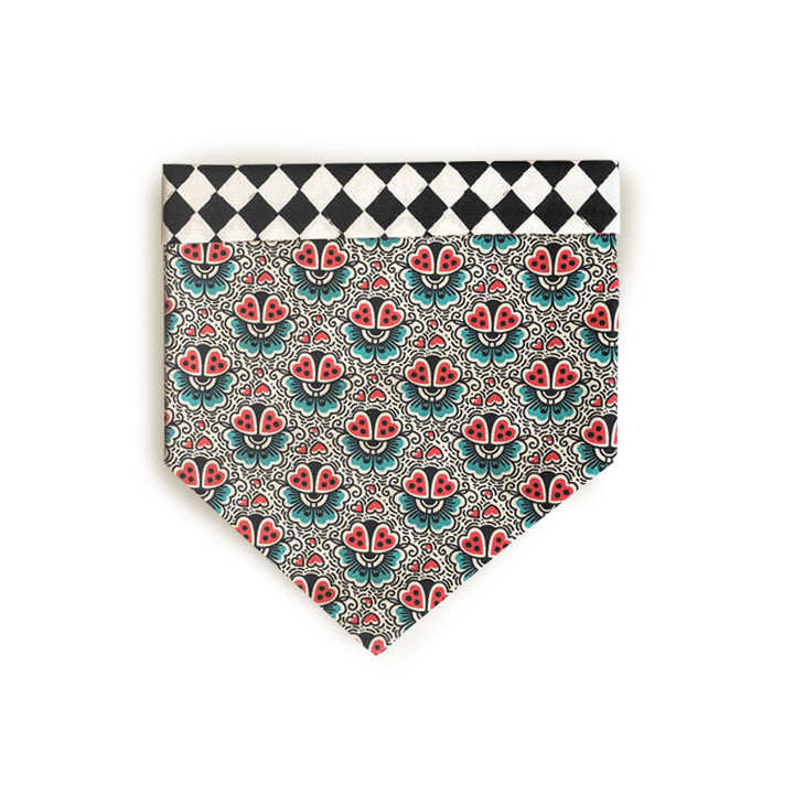 Bandana with black and white checkered and a lady bug tattoo like pattern