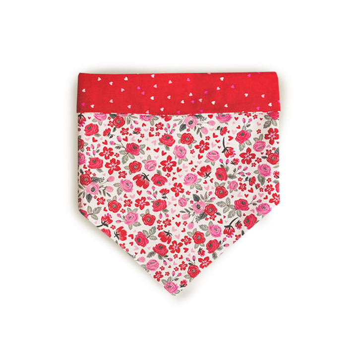 Bandana with pink and red roses and little pink and white hearts on red background