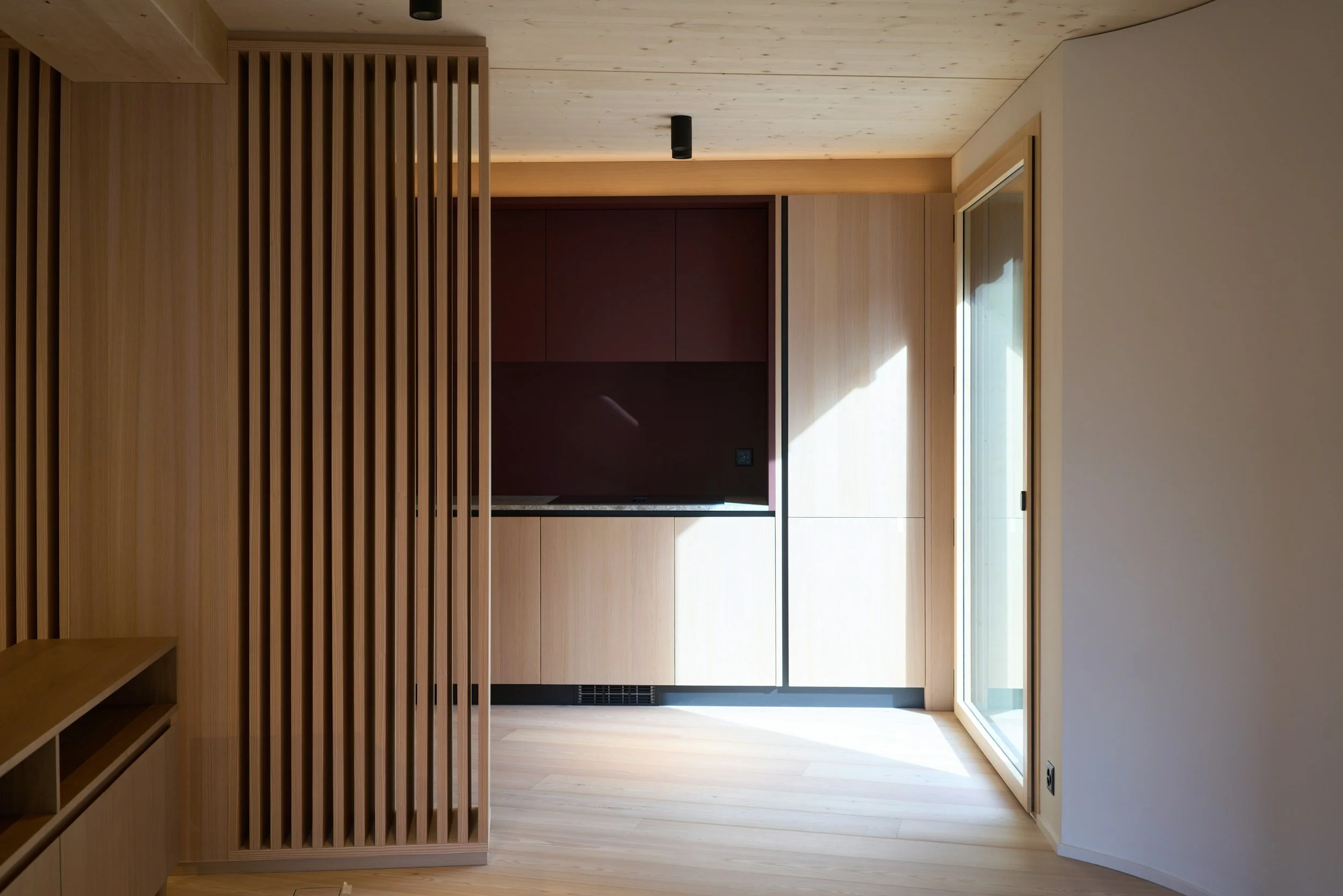 Interior view of a modern room with wooden walls, a sliding glass door, and a kitchenette with dark red and light wood cabinets, illuminated by sunlight.