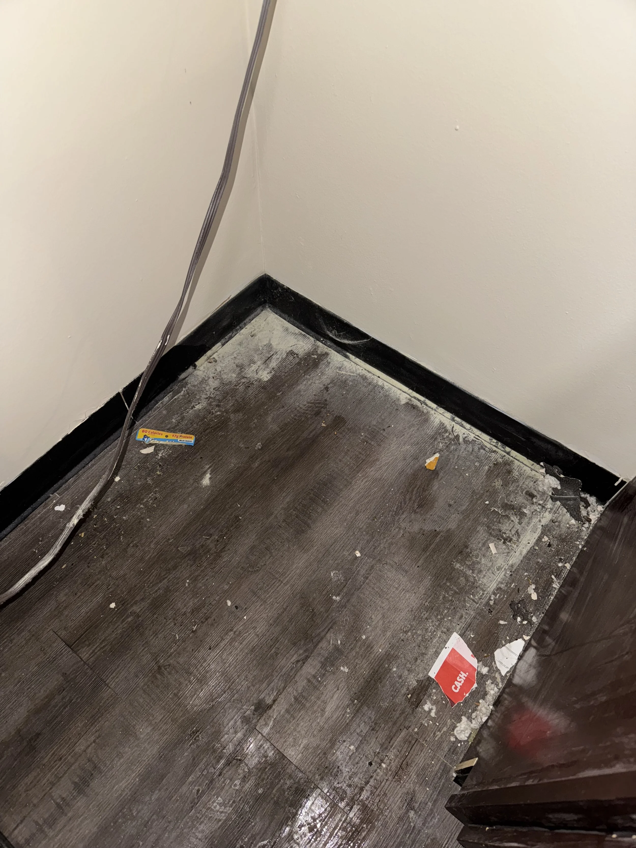 Dirty corner of a room with a black baseboard, scattered trash including a sticker, a torn coupon, and small debris on a dark hardwood floor.