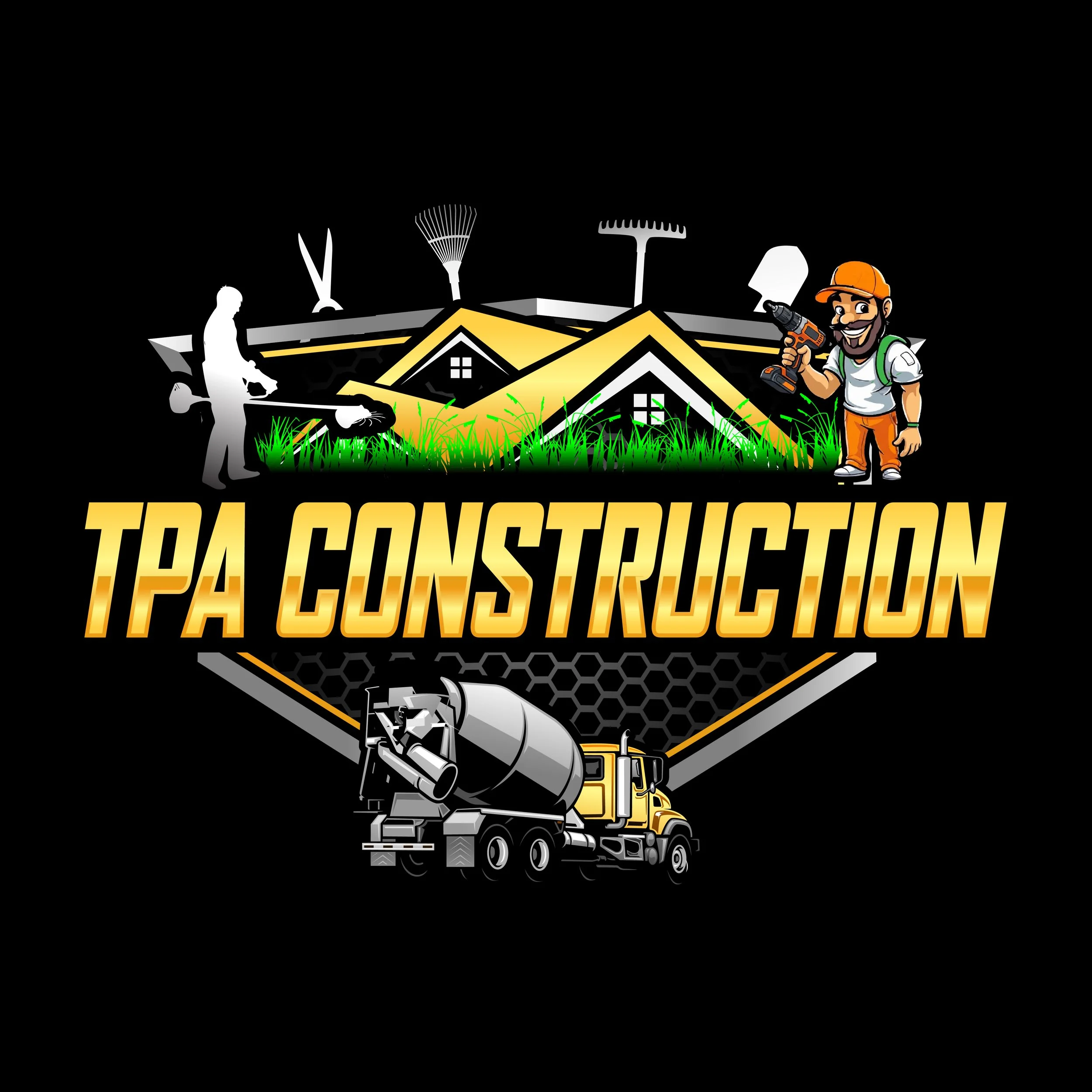 Logo for TPA Construction LLC with a black background and stylized house roof.