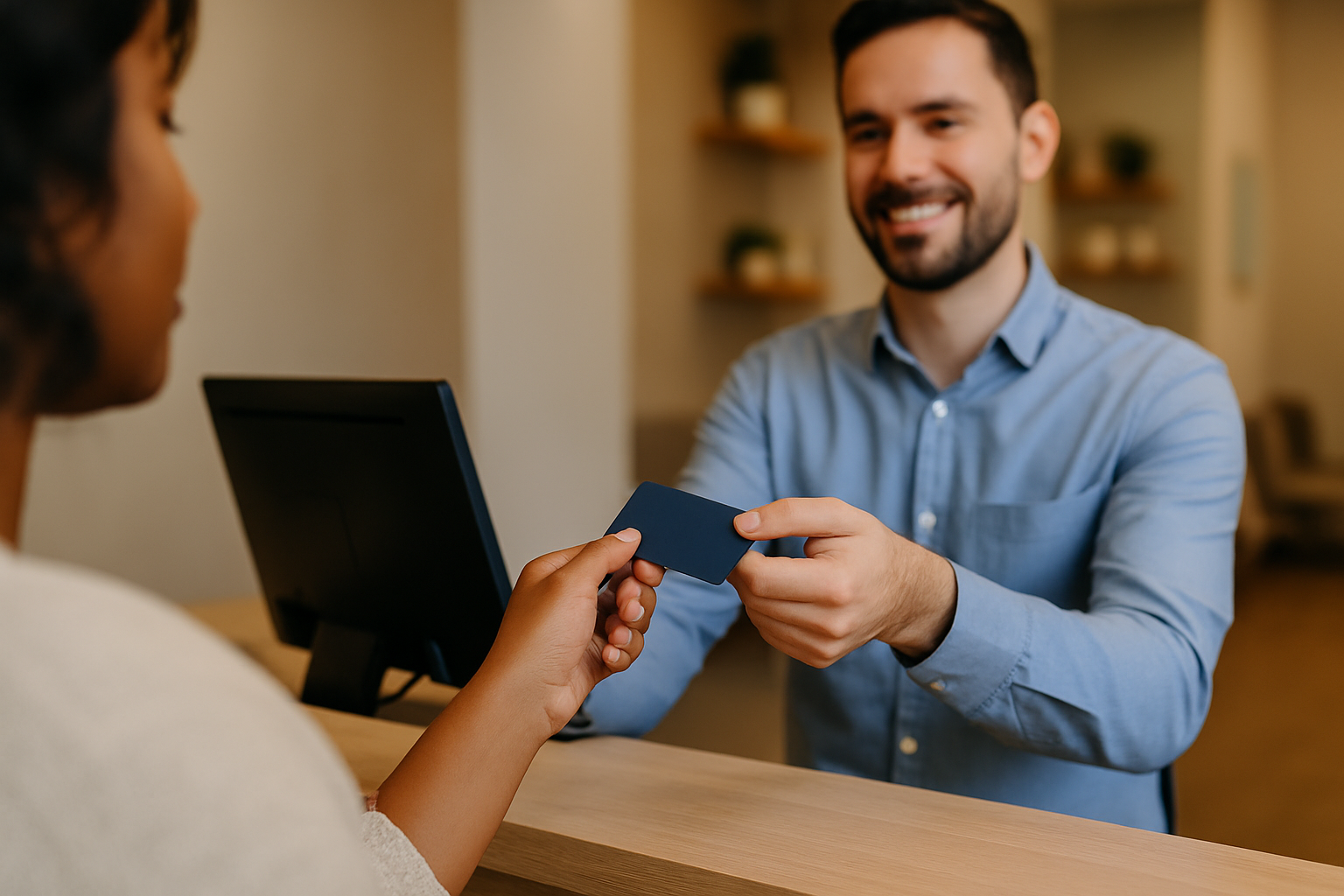 A man in a blue shirt smiling as he hands a credit card to a woman at a reception desk.
