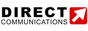 Logo of Direct Communications with black text and a red square containing a white arrow pointing upward and to the right.