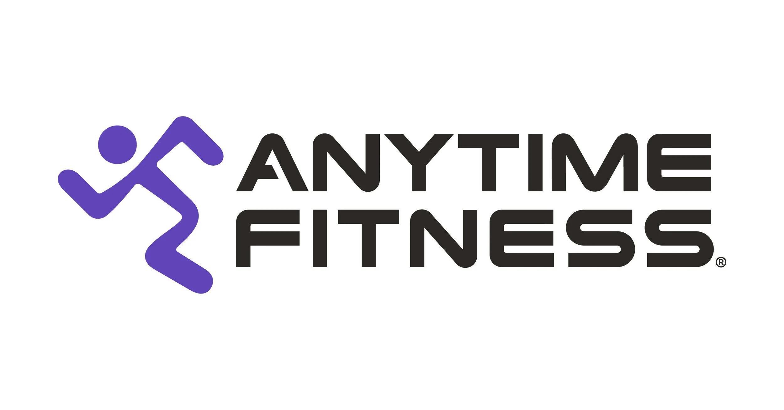Logo for Anytime Fitness with a purple stylized running figure and black text.