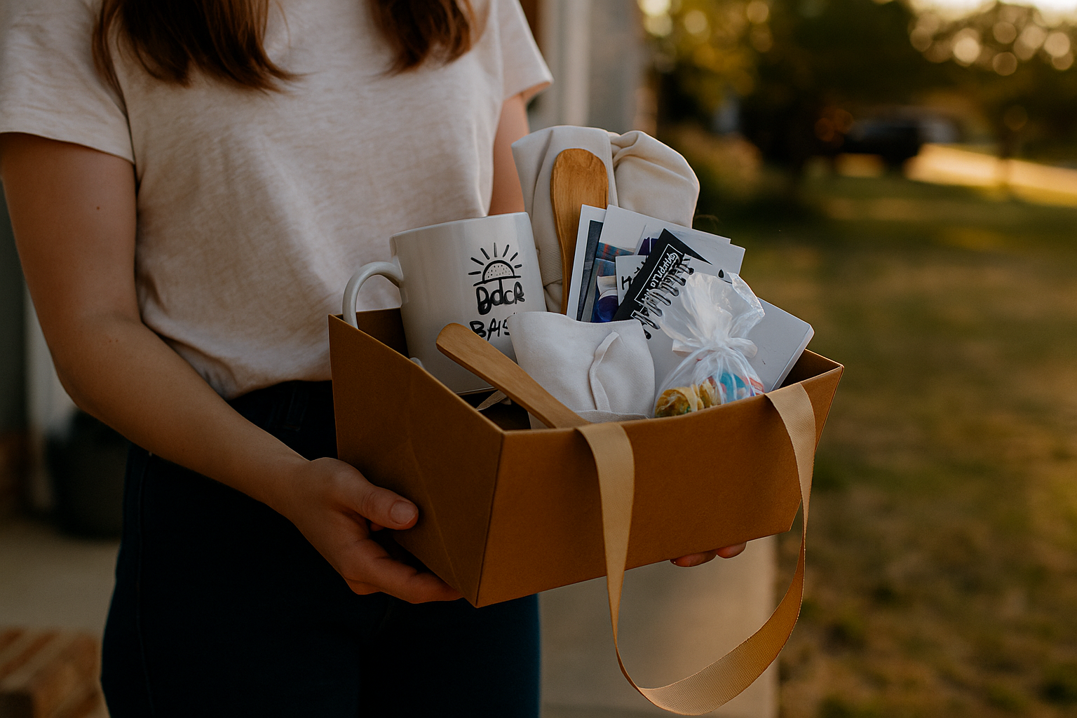 Person holding a cardboard gift box filled with mugs, snacks, and greeting cards outdoors during sunset.