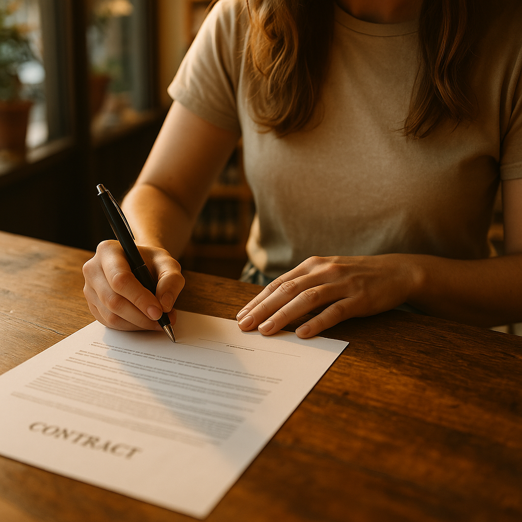 Person signing a contract document on a wooden table in a cozy indoor setting.
