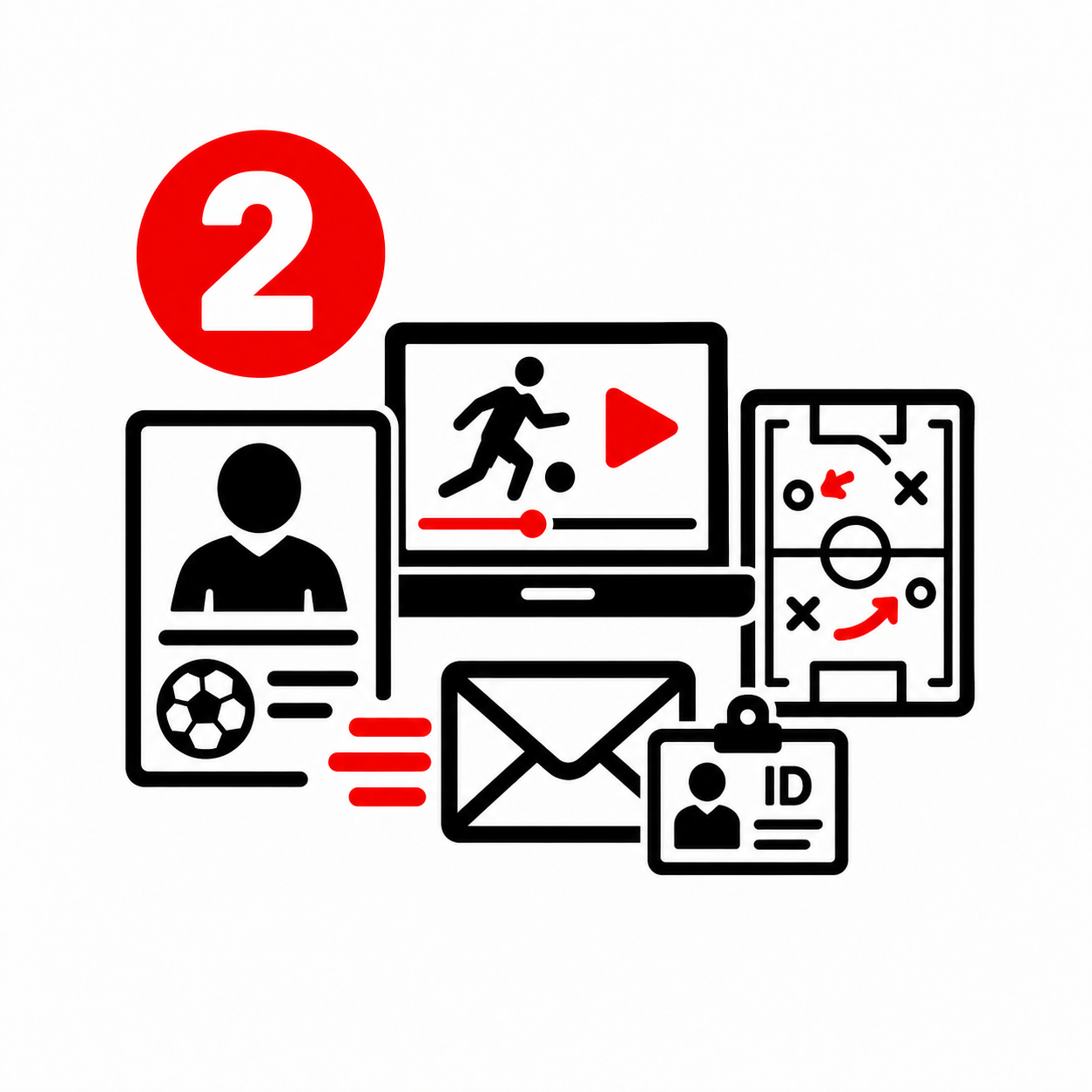 Icons representing sports, a person profile, a soccer ball, a map, a video player, an envelope, and an ID badge, with a red number 2 in a circle.