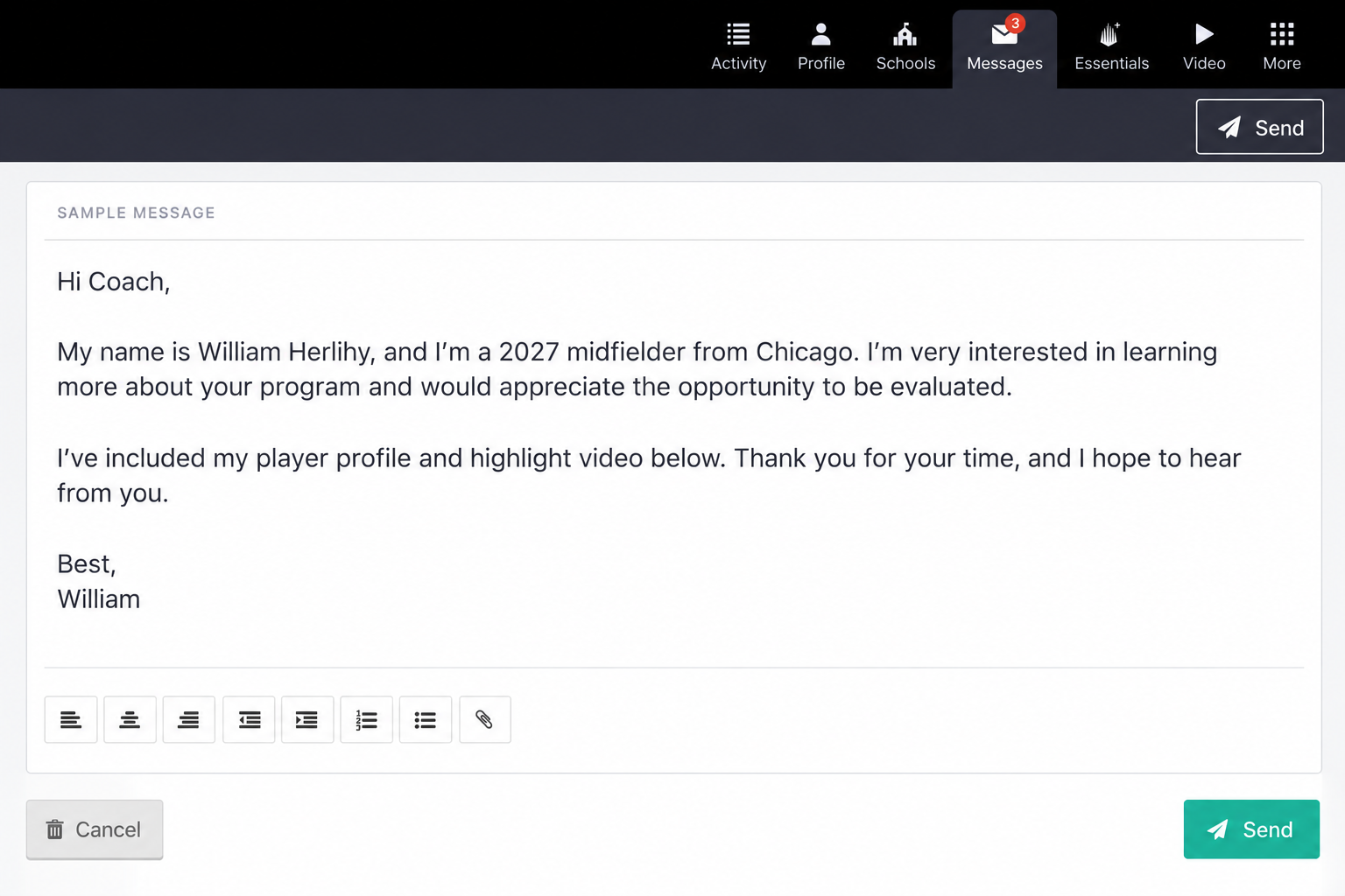Screenshot of an email draft addressed to a coach from William Herlihy, a 2027 midfielder from Chicago. The email includes a player profile and highlight video, with options to format the message and send.