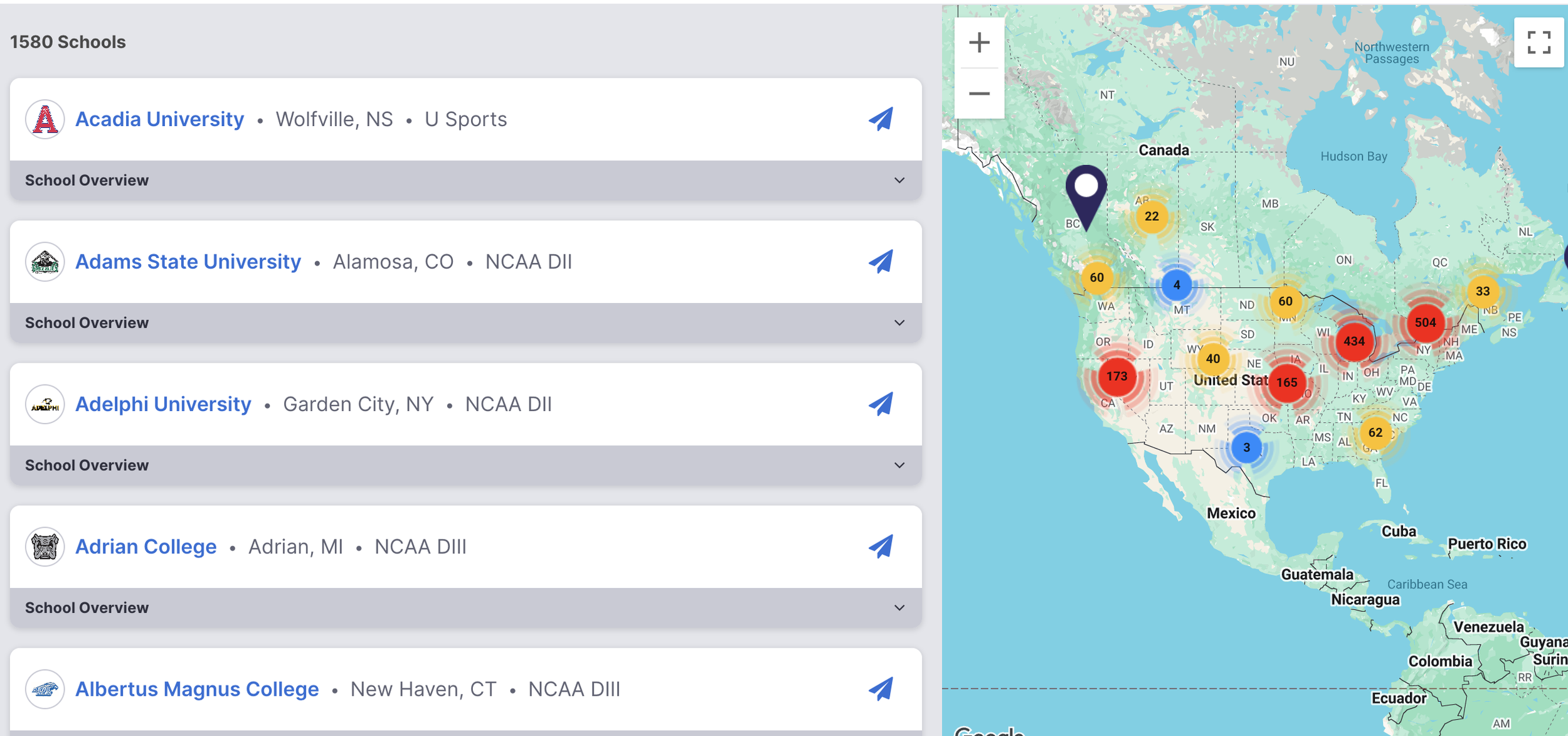 Map showing college locations across the United States and Canada with colored circles indicating the number of schools in each region. The map includes a list of specific colleges on the left, such as Acadia University in Wolfville, Nova Scotia, Adams State University in Alamosa, Colorado, Adelphi University in Garden City, New York, Adrian College in Adrian, Michigan, and Albertus Magnus College in New Haven, Connecticut.