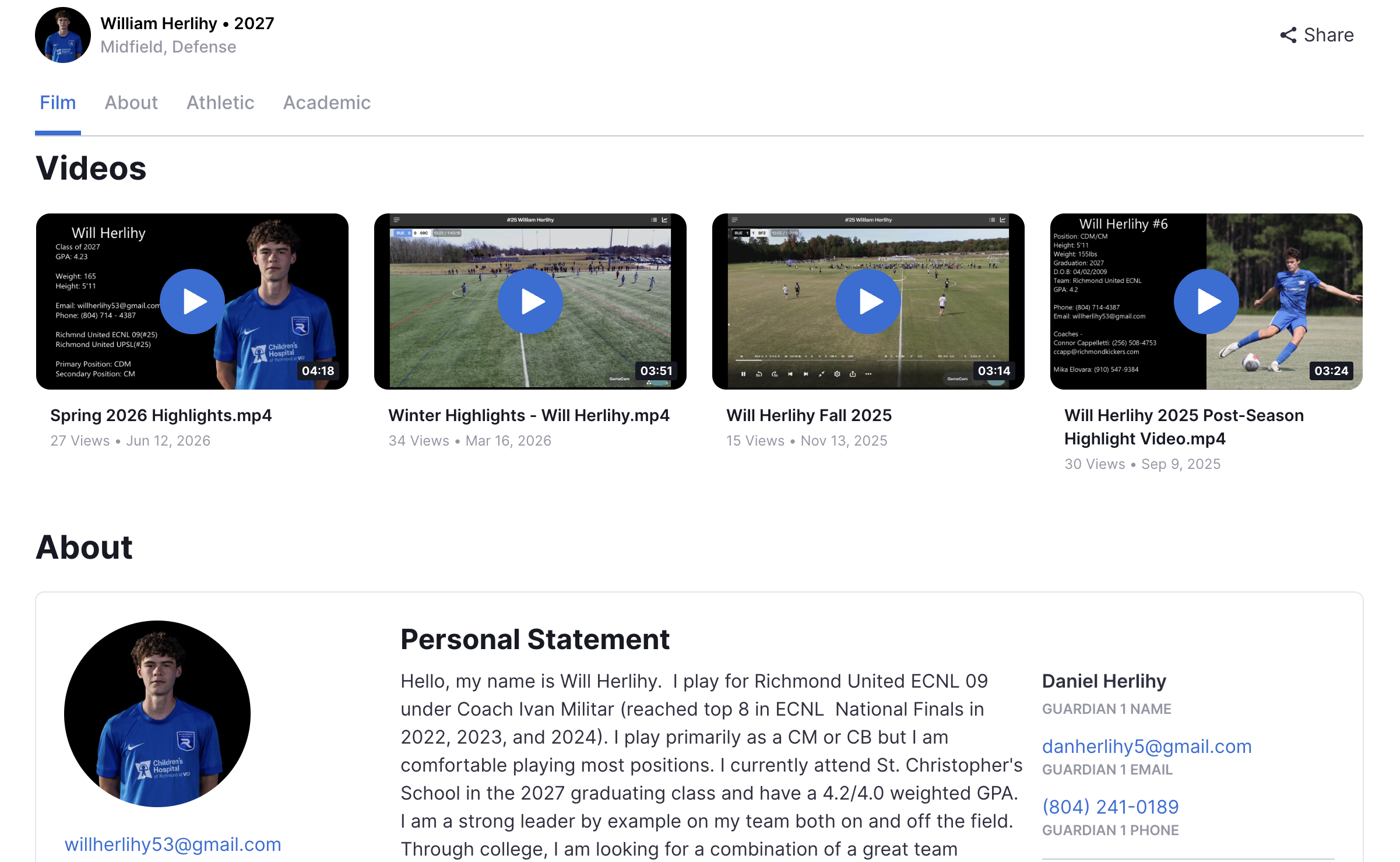 Screenshot of a personal sports profile page for William Herlihy, a midfielder in soccer, showing profile photo, name, year 2027, and tabs for Film, About, Athletic, and Academic. The film tab displays four video thumbnails of him playing soccer and highlights from different seasons, with descriptions, view counts, and durations.