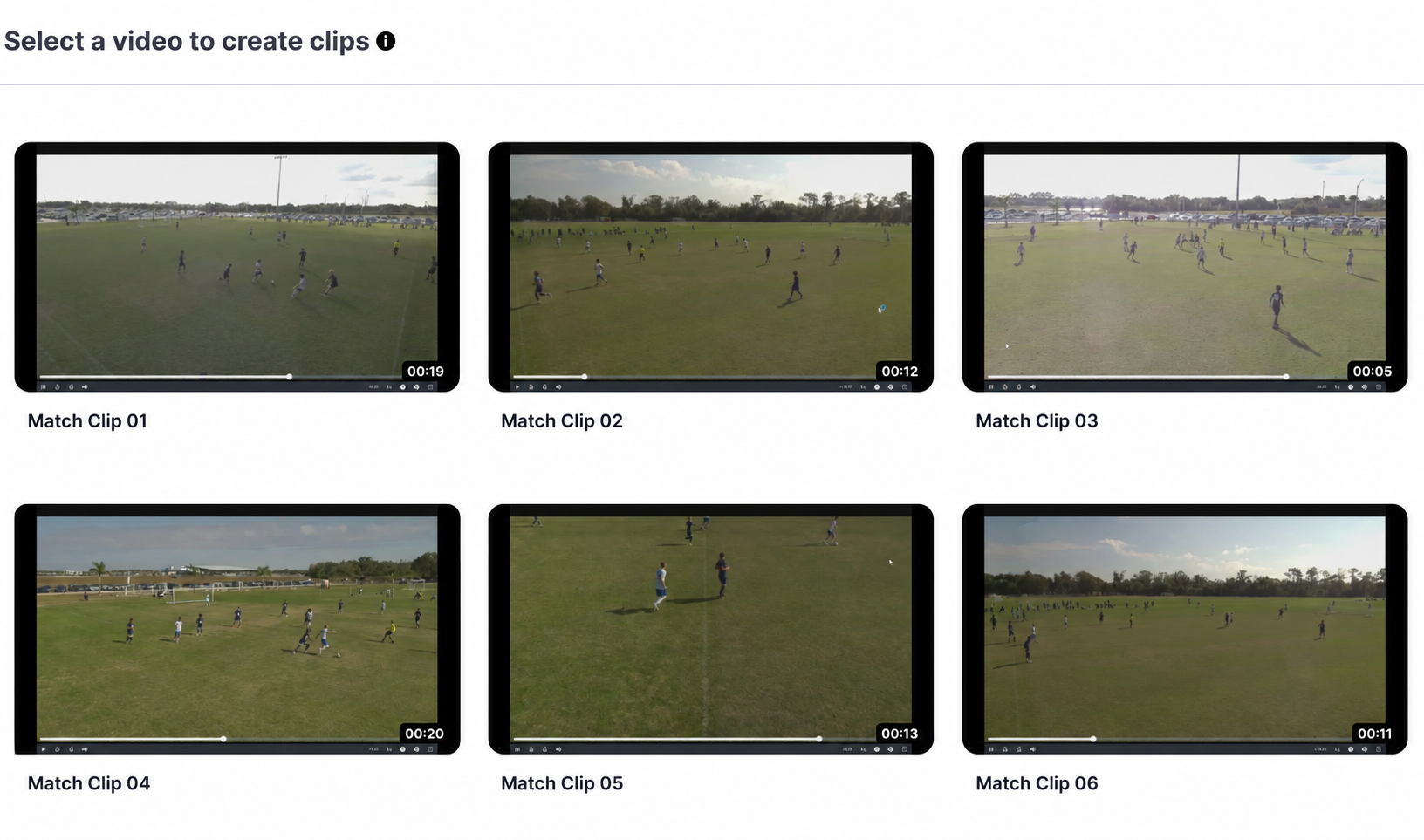 Six video thumbnails showing a soccer match on a grass field, labeled Match Clips 01 to 06, with some showing players running, passing, and attending to the game under a partly cloudy sky.