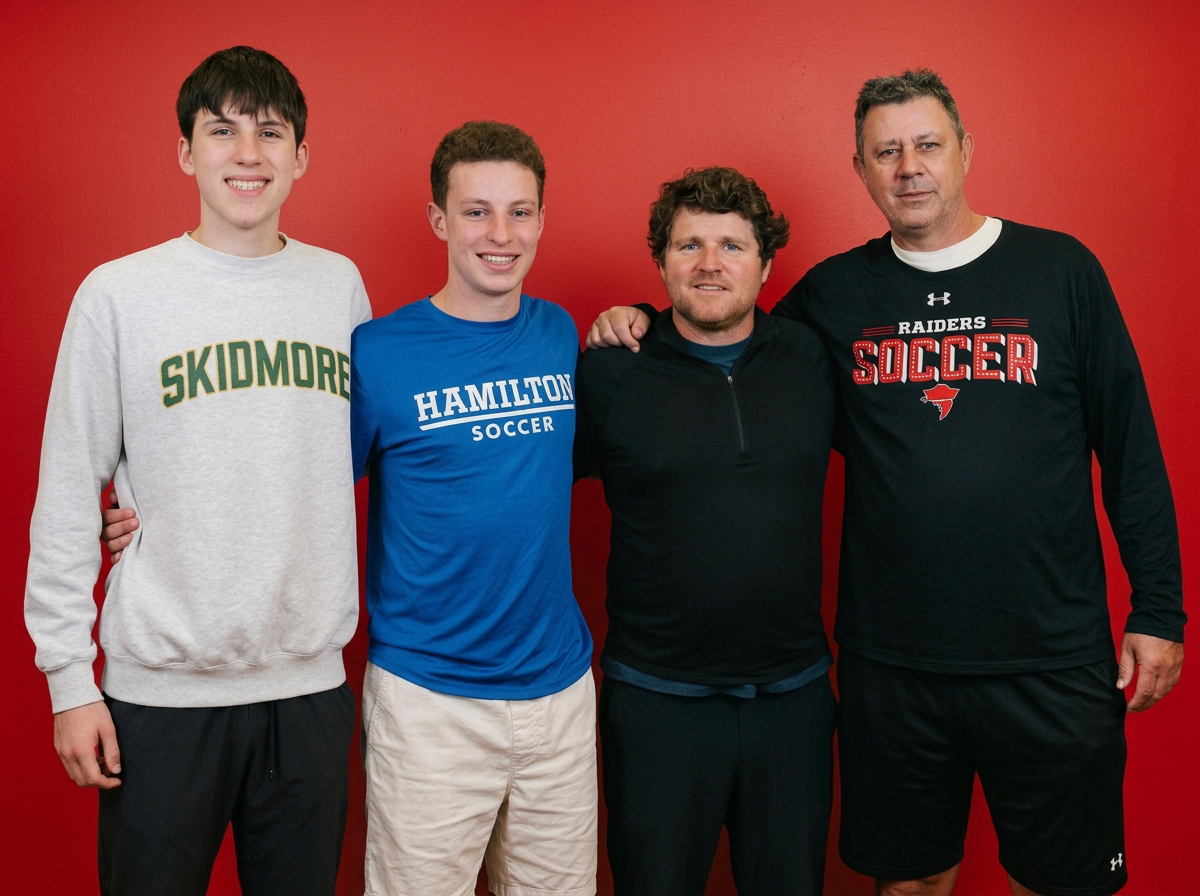Four males standing together against a red wall, smiling at the camera. The first male from the left is wearing a white sweater with green letters, the second in a blue shirt with white letters, the third in a black jacket, and the fourth in a black shirt with red and white lettering. The group appears to be in a casual setting.
