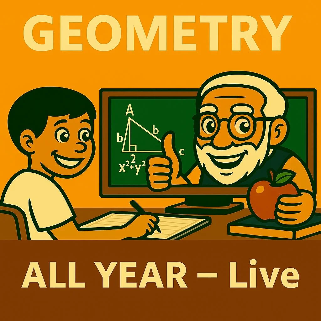 Illustration of Teacher Bob teaching High School Geometry online — shapes, proofs, coordinate geometry, and real-world math with video lessons, worksheets, and one year of access.