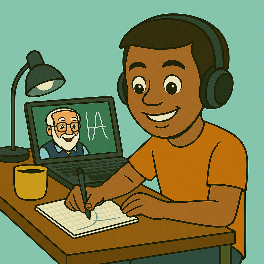 Student smiling and working calmly at desk with Teacher Bob on screen, showing math lesson in a relaxed self-paced environment.