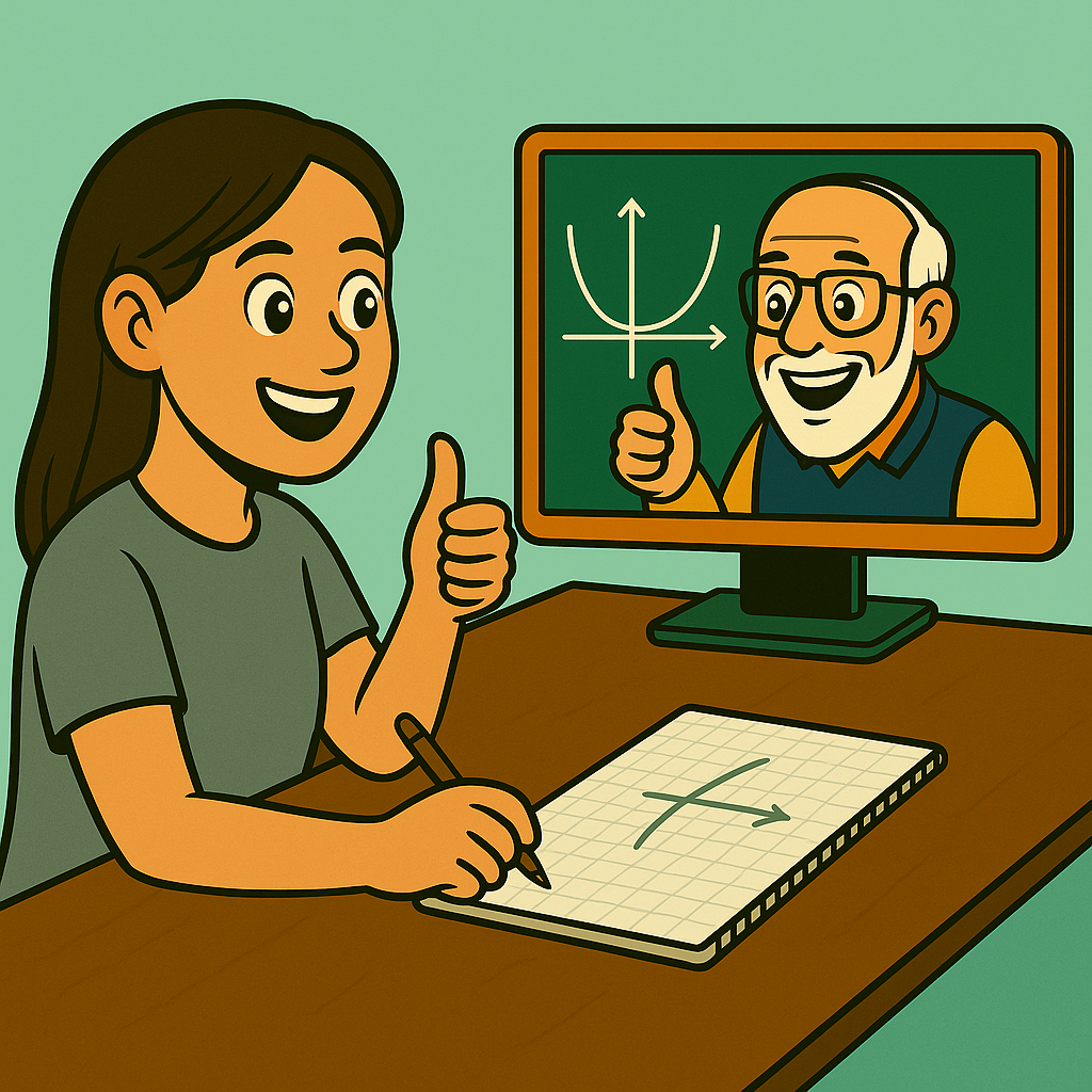 Student giving a thumbs up to Teacher Bob on screen, both smiling, showing support available during self-paced video lessons.