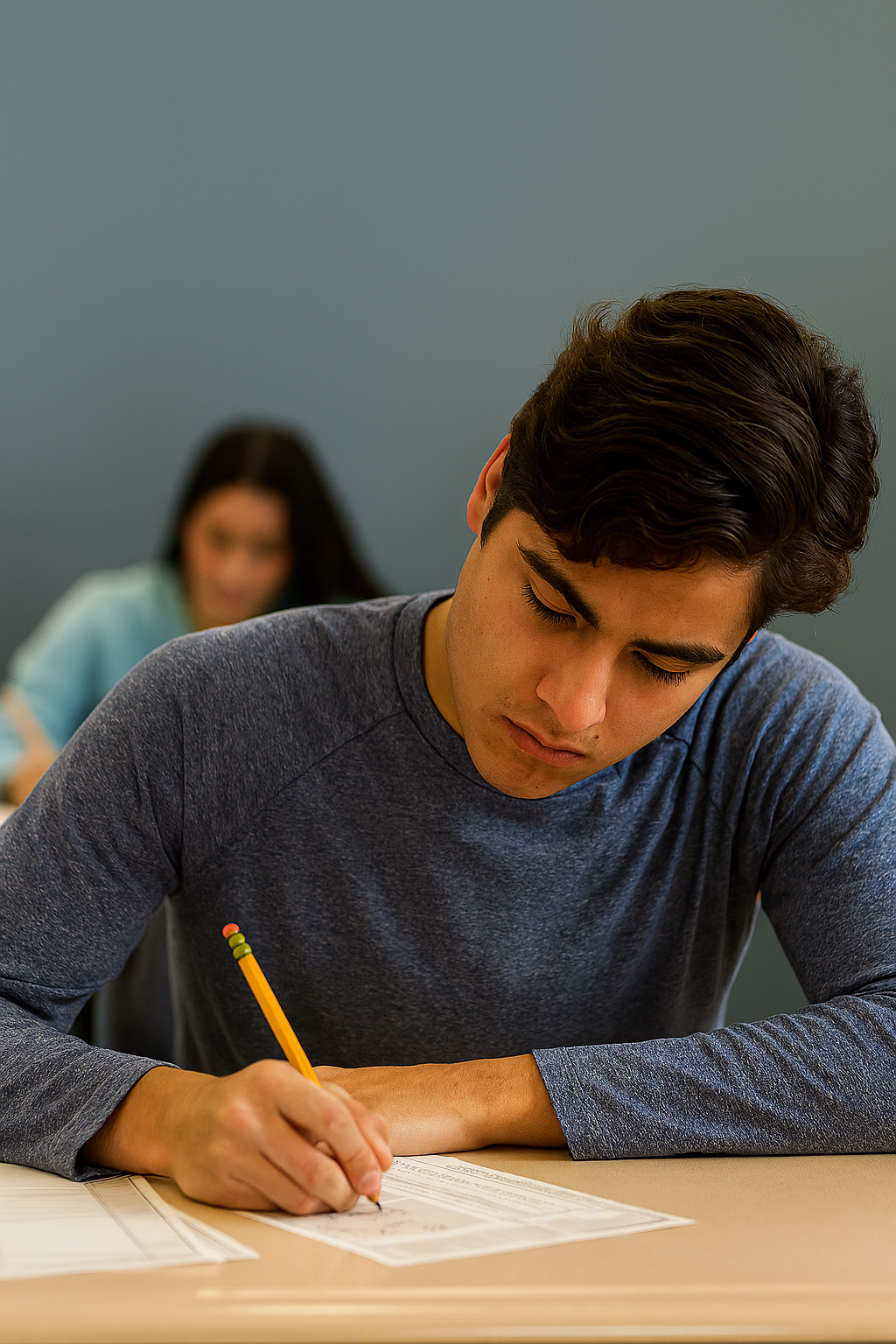 Focused student in blue shirt writing on paper during math test, classroom setting in background.
