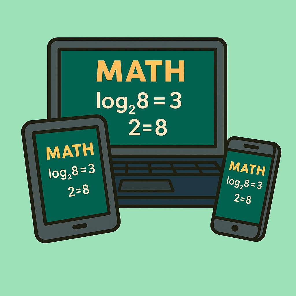 Illustration of a laptop, tablet, and smartphone all showing the same math lesson screen, symbolizing that self-paced video courses work on any device