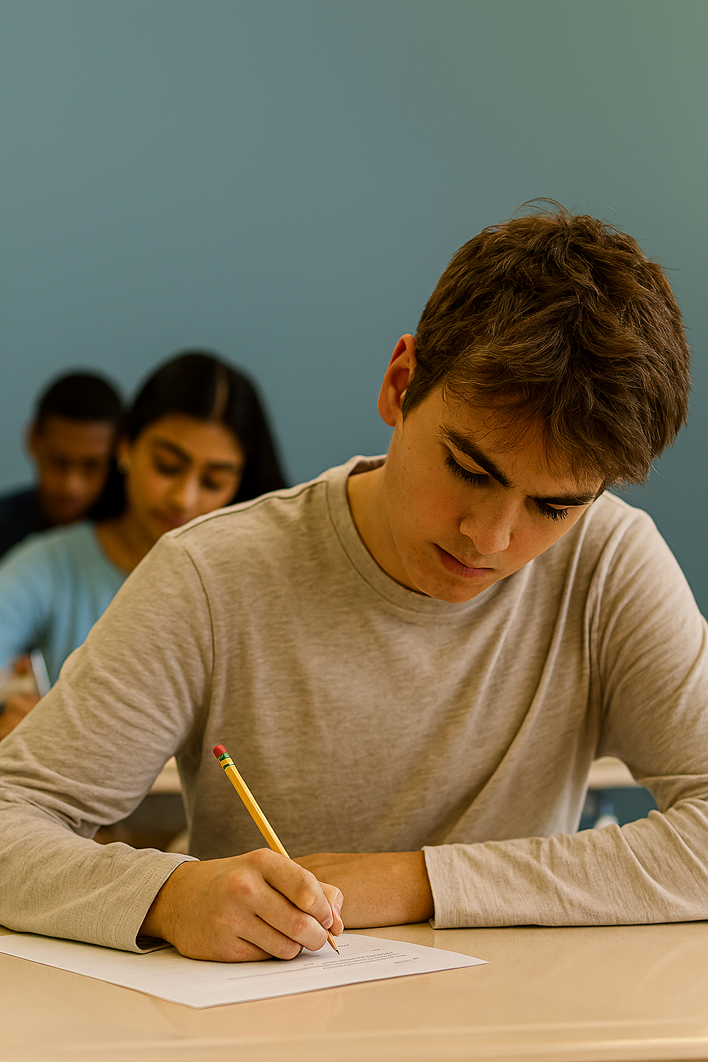Three high school students writing a math test in a classroom, focused and seated in rows.