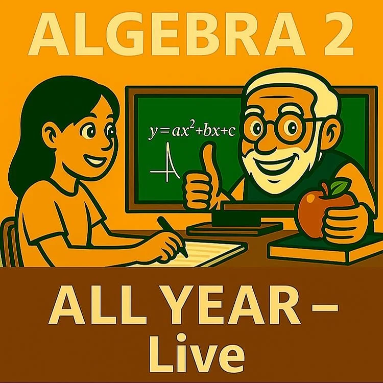 Illustration of Teacher Bob teaching Algebra 2 online — advanced equations, polynomials, functions, and probability with video lessons, worksheets, and one year of access.
