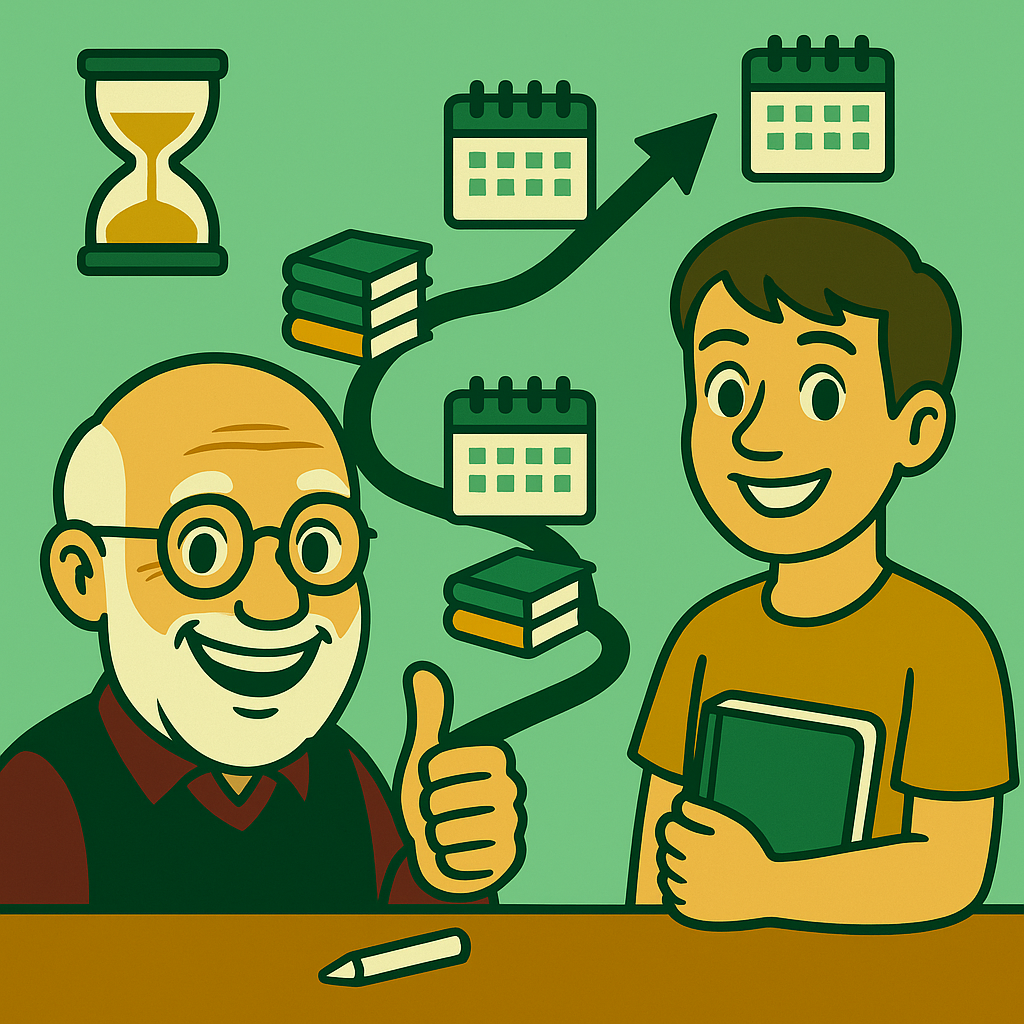 Teacher Bob with student, timeline of books, calendars, and hourglass showing years of student learning.