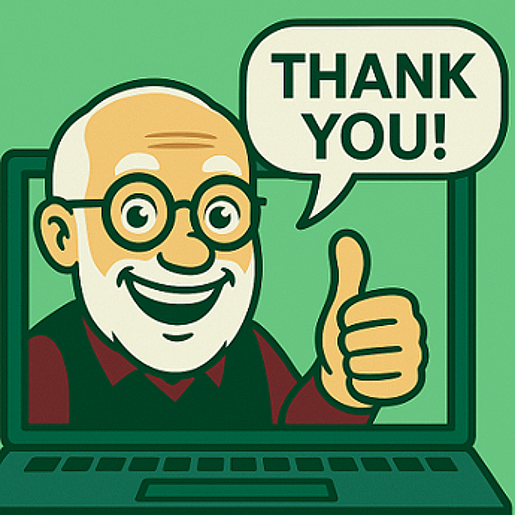 Cartoon illustration of Teacher Bob smiling on a laptop screen, giving a thumbs-up with a speech bubble that says “Thank you!” The friendly image conveys gratitude and appreciation for students and families who have taken his classes over the years.