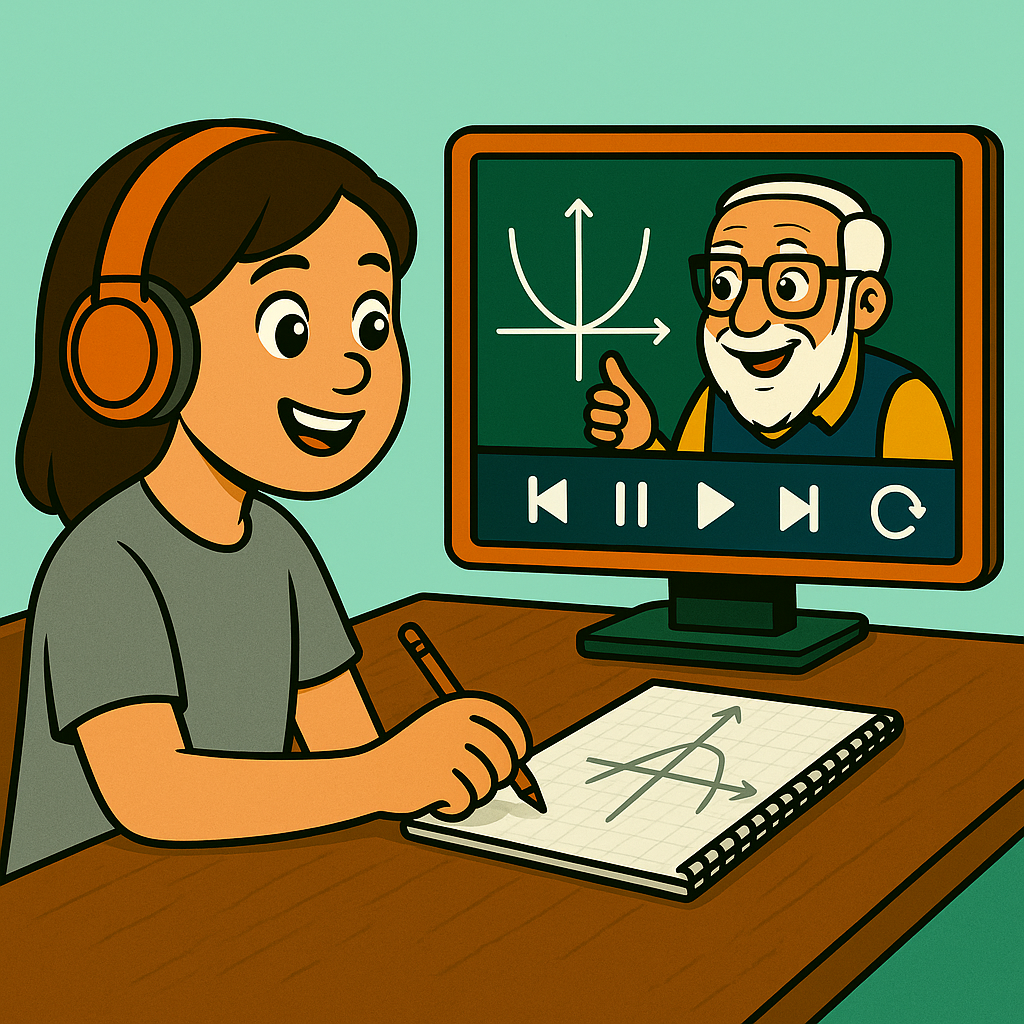 Student at desk with Teacher Bob on screen, video player controls visible, showing the ability to pause, rewind, and rewatch lessons with worksheets.