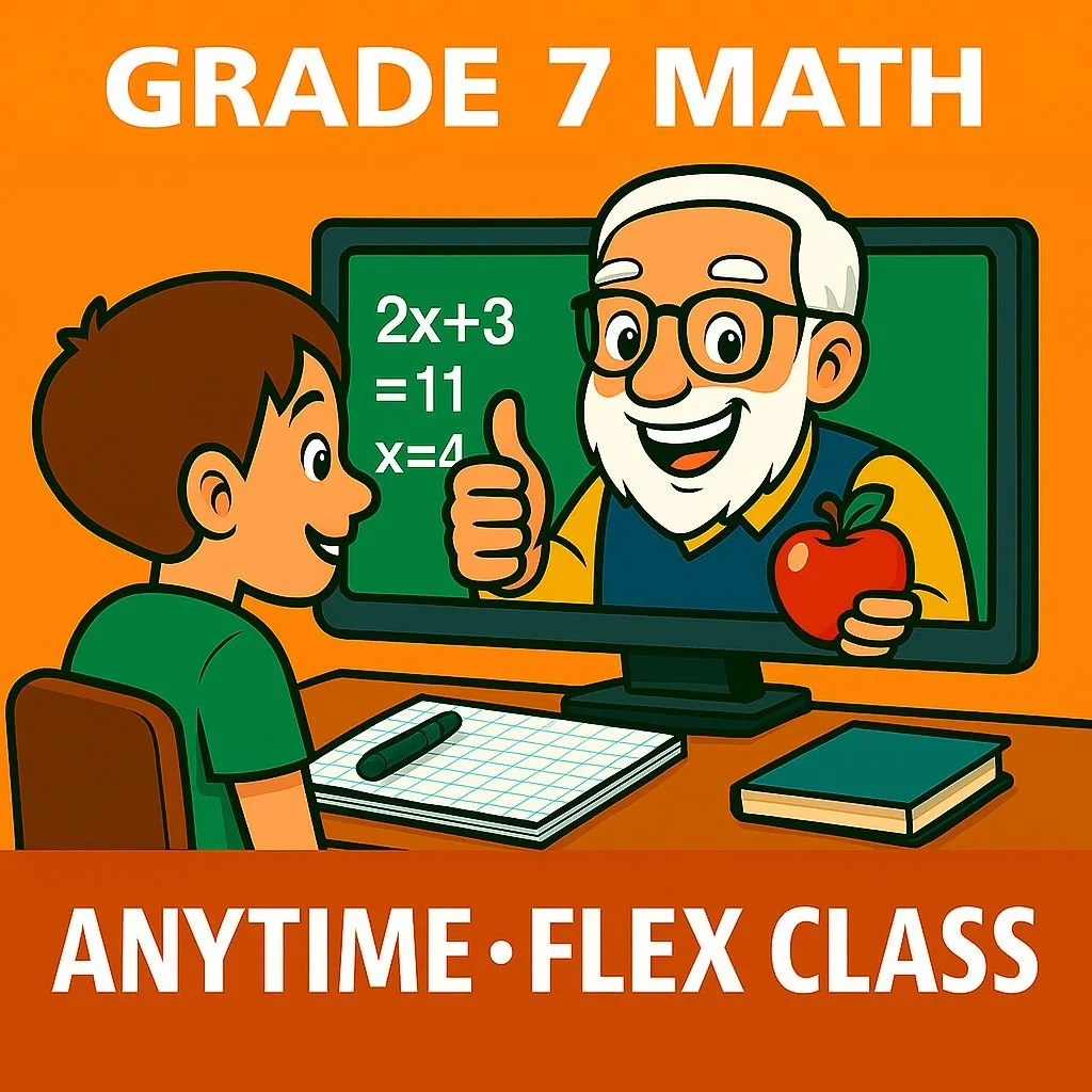 Illustration of Teacher Bob teaching Grade 7 Math online — step-by-step video lessons with worksheets and one year of access.