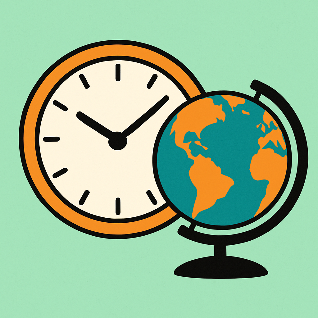 Clock and globe illustration showing that self-paced video math lessons can be accessed anytime, anywhere in the world.