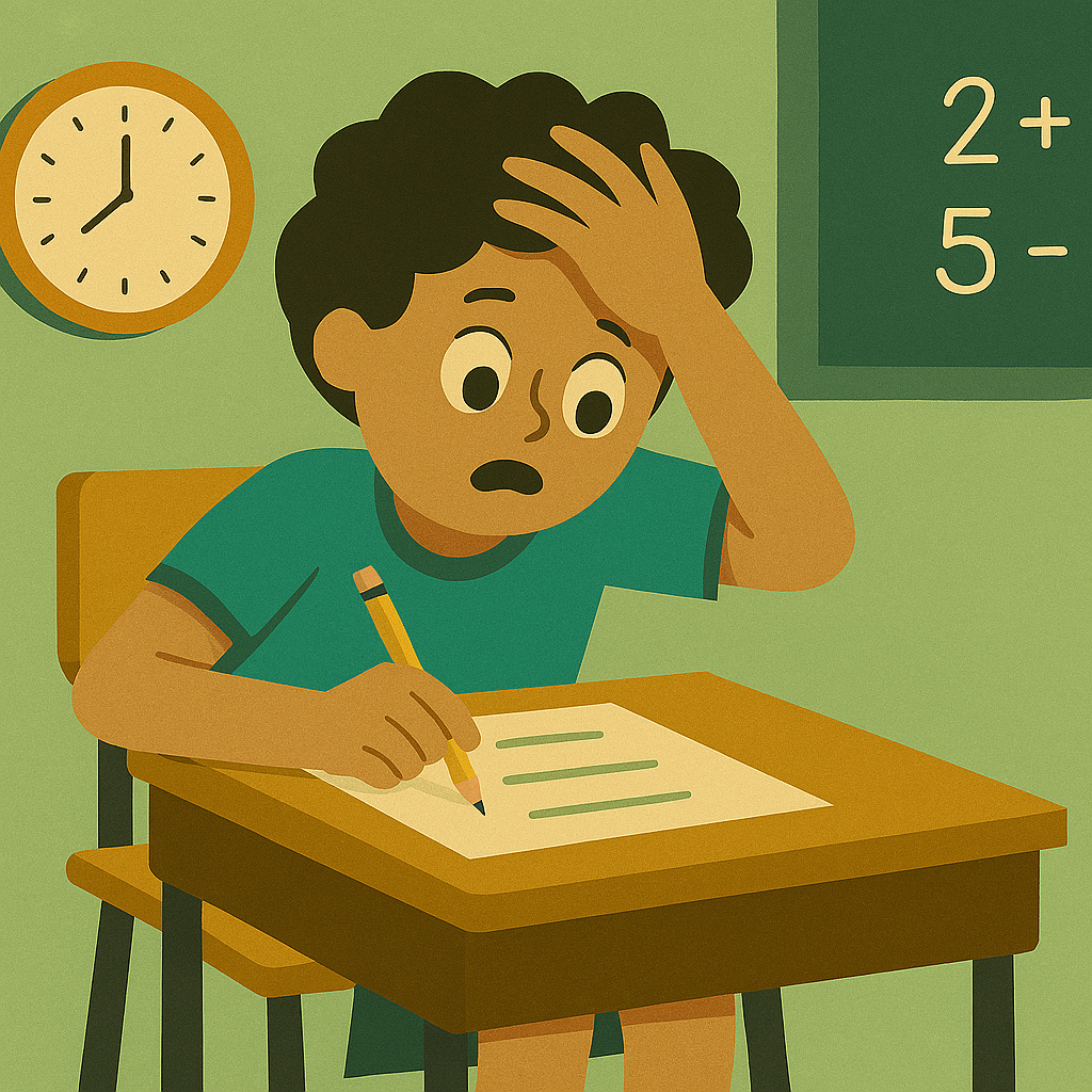 Anxious child with light brown skin sits at a school desk, gripping a pencil and staring at a math worksheet. A classroom clock and chalkboard with simple equations emphasize the pressure of timed testing.