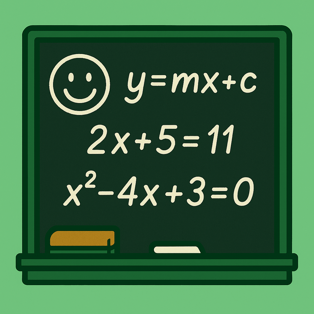 Chalkboard with algebra equations and a smiley face, symbolizing how the class helps students gain confidence in algebra.