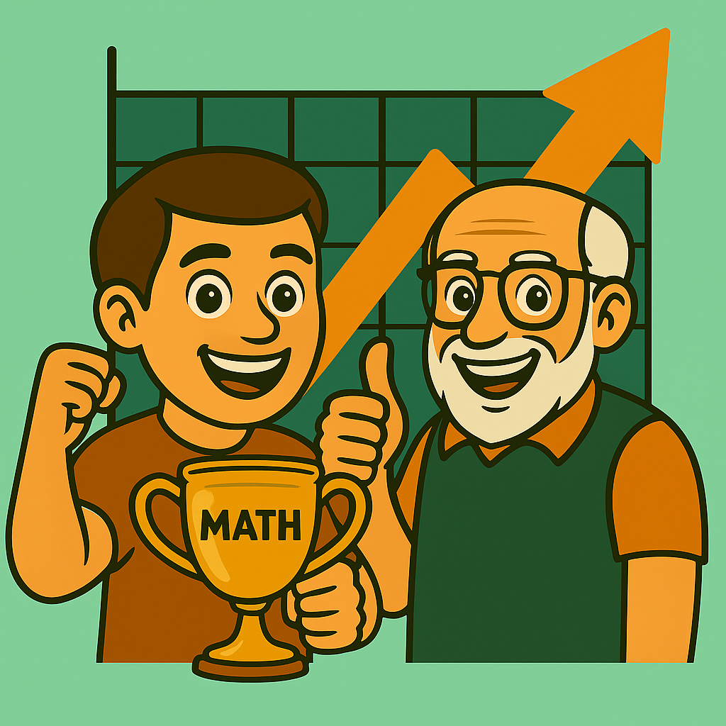 Smiling student holding a math trophy beside Teacher Bob, with a rising graph in the background, symbolizing confidence and success in math learning.