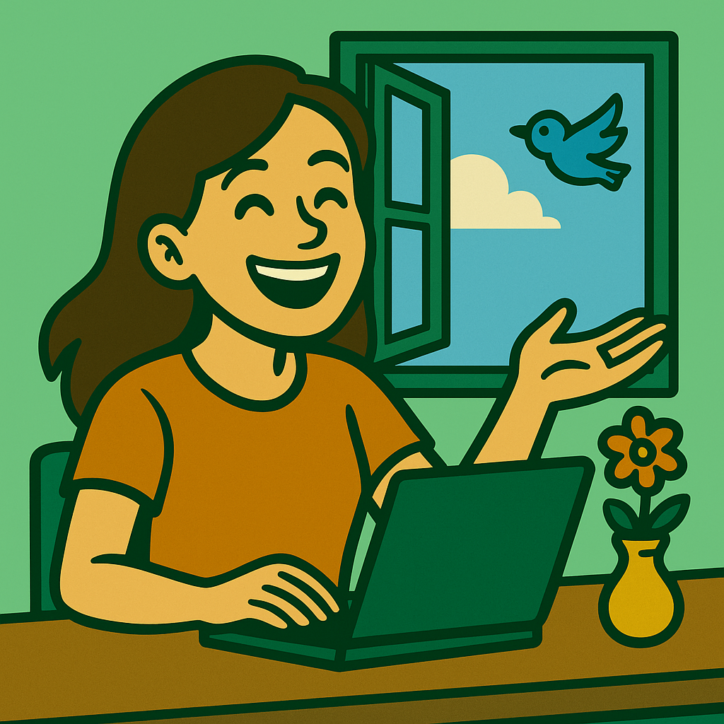 Student smiling at laptop with open window and bird, showing relief and confidence in math.