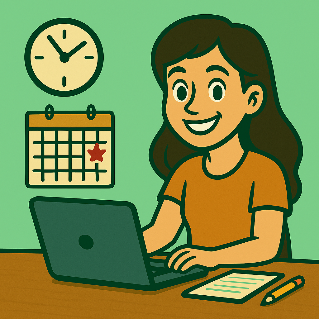 Smiling teenage girl sits at a wooden desk with a laptop, notepad, and pencil. A clock and calendar with a marked date hang on a mint green wall, showing her excitement for weekly math lessons.