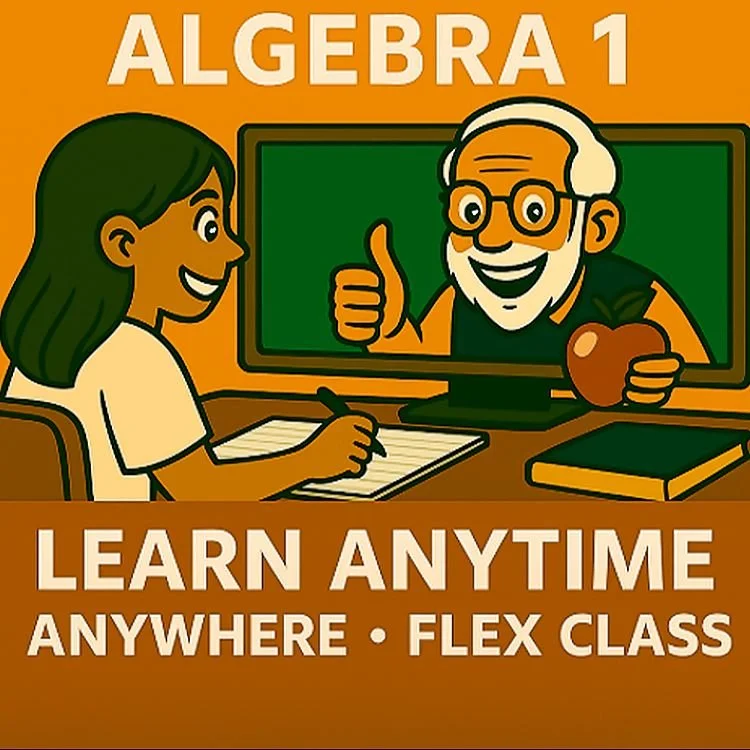 Illustration of Teacher Bob teaching Algebra 1 online — solving equations, graphing, functions, and systems with video lessons, worksheets, and one year of access.