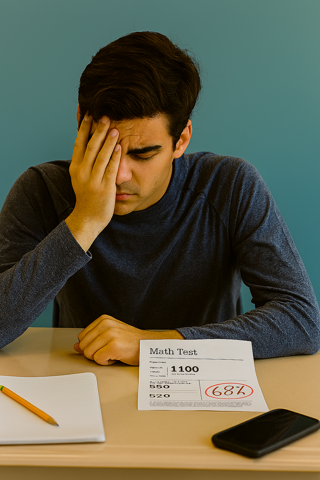 Student seated at desk with hand on face, reacting to low SAT math score on test paper.