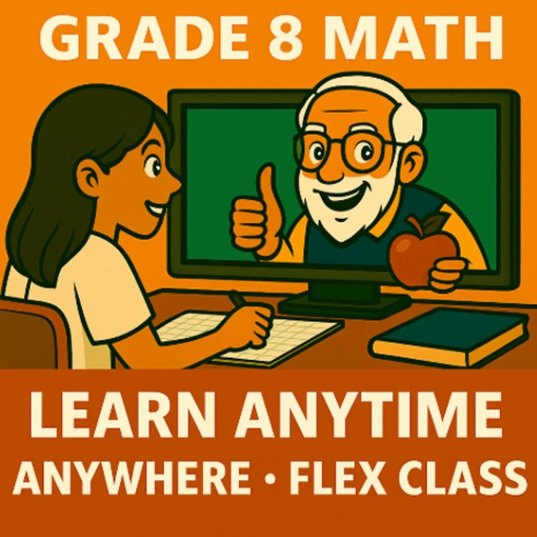 Illustration of Teacher Bob teaching Grade 8 Math online — equations, geometry, probability, and data with video lessons, worksheets, and one year of access.