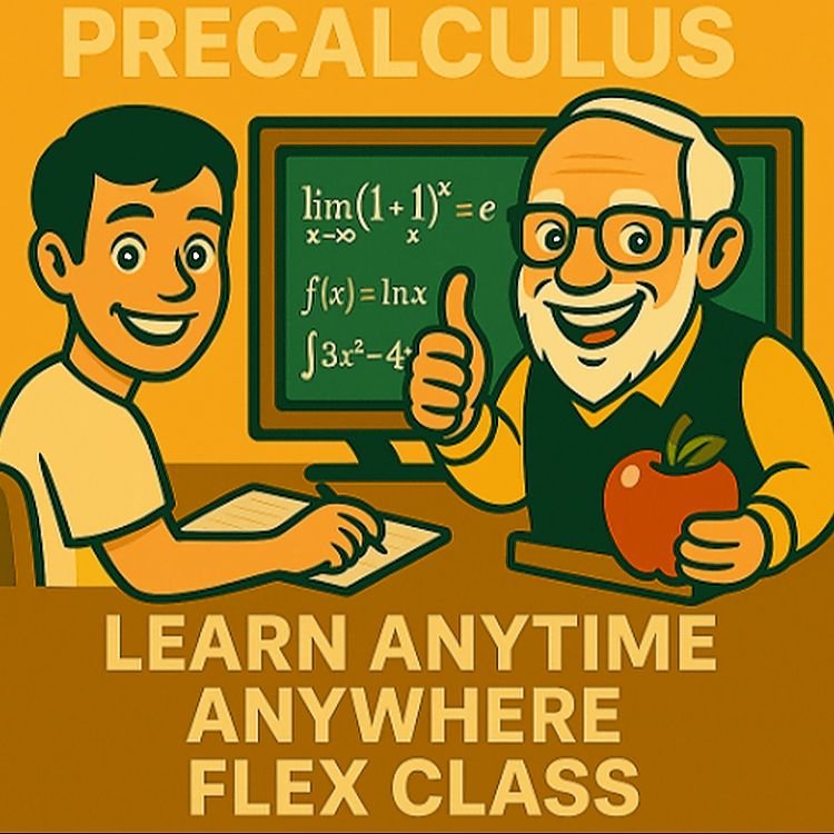 Illustration of Teacher Bob teaching Precalculus online — trigonometry, functions, sequences, and advanced preparation for college math with video lessons, worksheets, and one year of access.