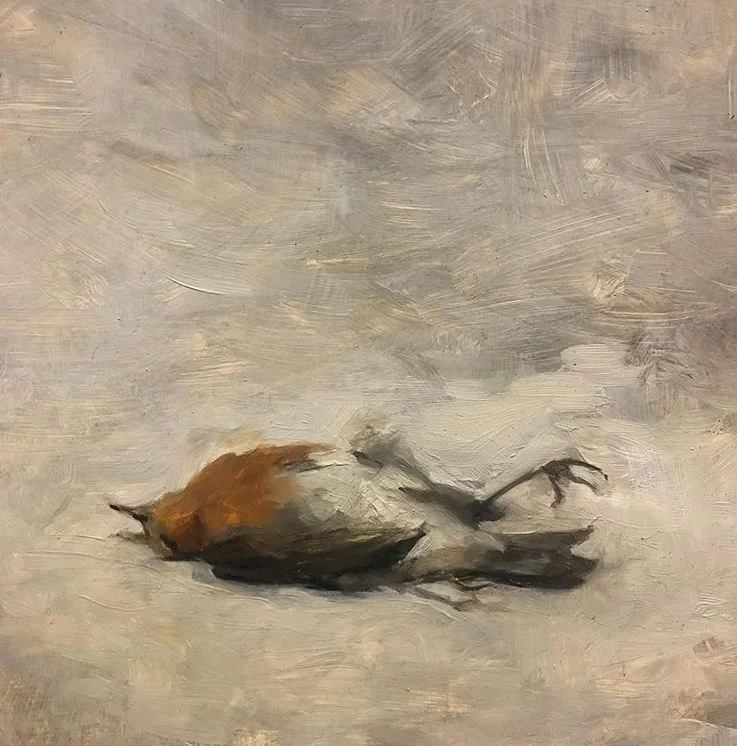 Oil painting of a small, fallen brown and gray bird lying on its side on a textured, muted background.