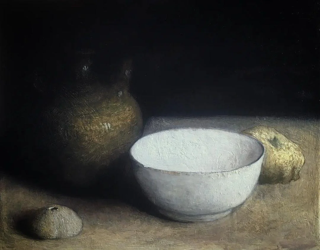 A still life painting of a white bowl, a large brown pot, a small gray stone, and a yellowish rock set against a dark background.