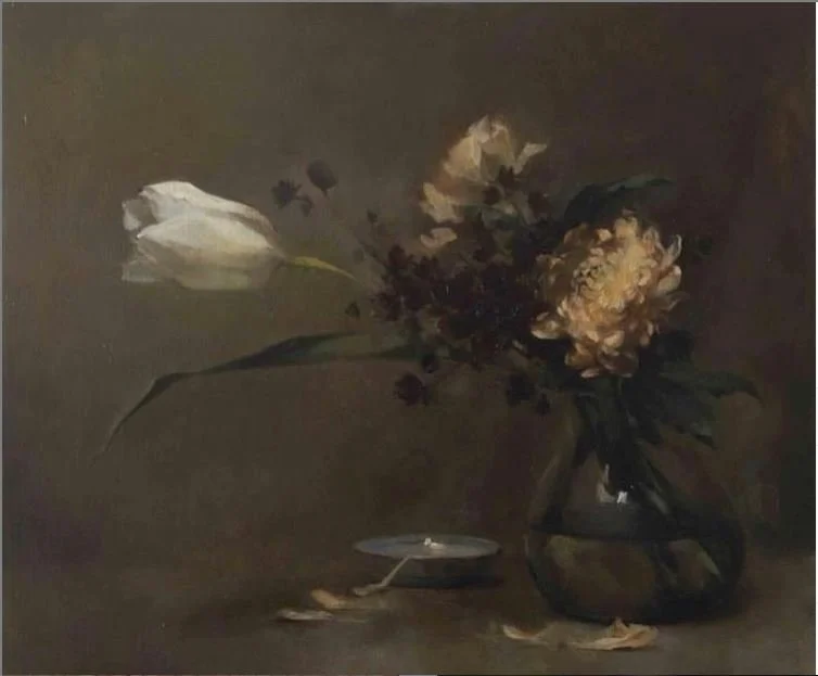 A still life painting of white and yellow flowers in a dark vase on a dark surface, with a single white flower and some fallen petals.