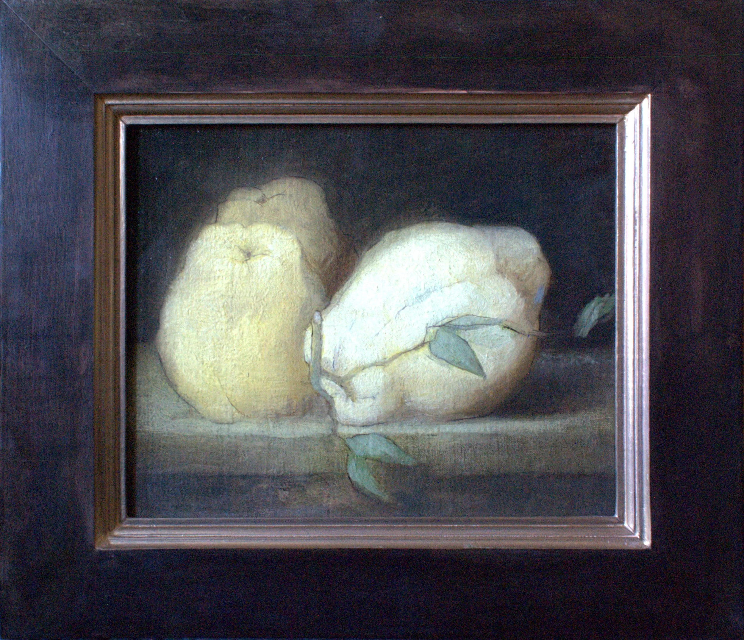 Painting of two pears and green leaves on a dark background, framed in wood.