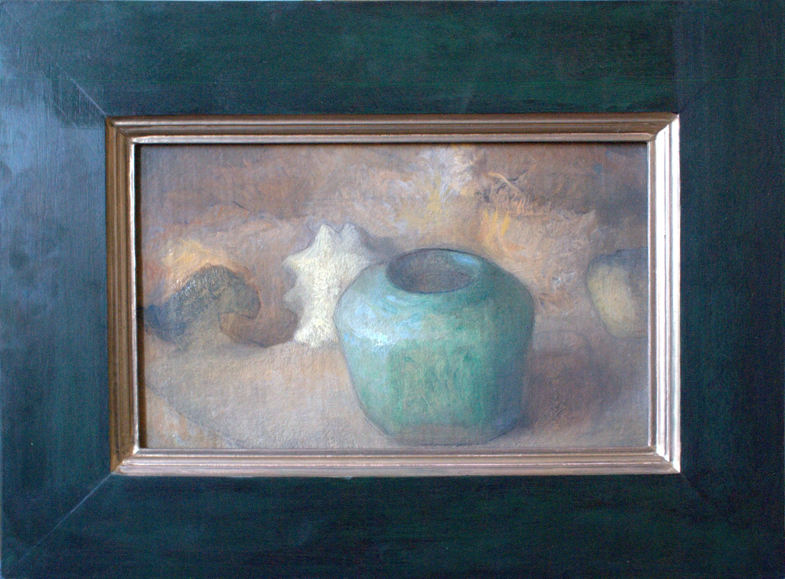 A still life painting featuring a green round vase, a white starfish, a dark-colored rock, a small dark object, and a soft yellow sphere on a textured surface.