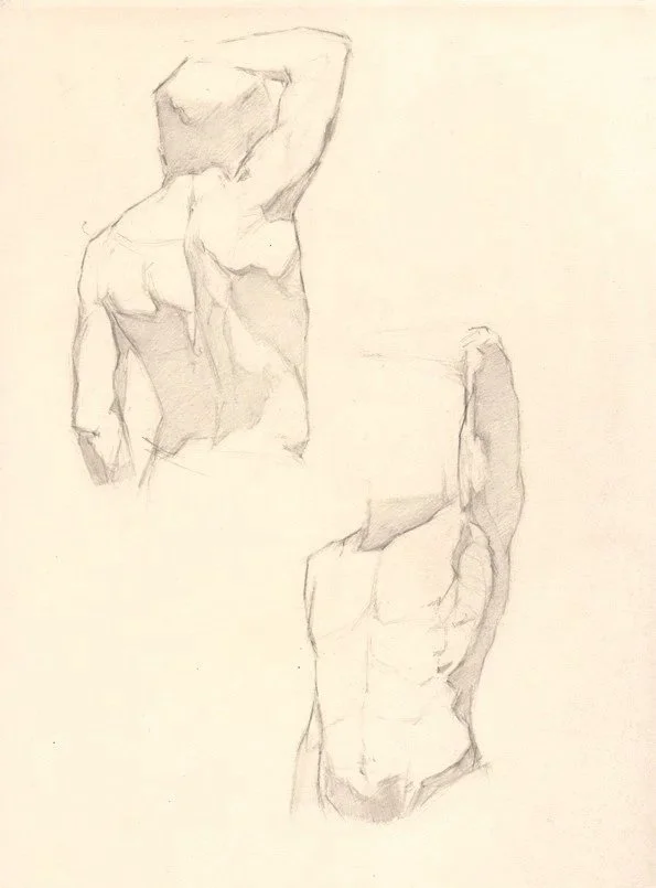 Sketch of two male nude torsos, one with an arm raised above the head and the other with a more detailed muscular chest and abdomen.