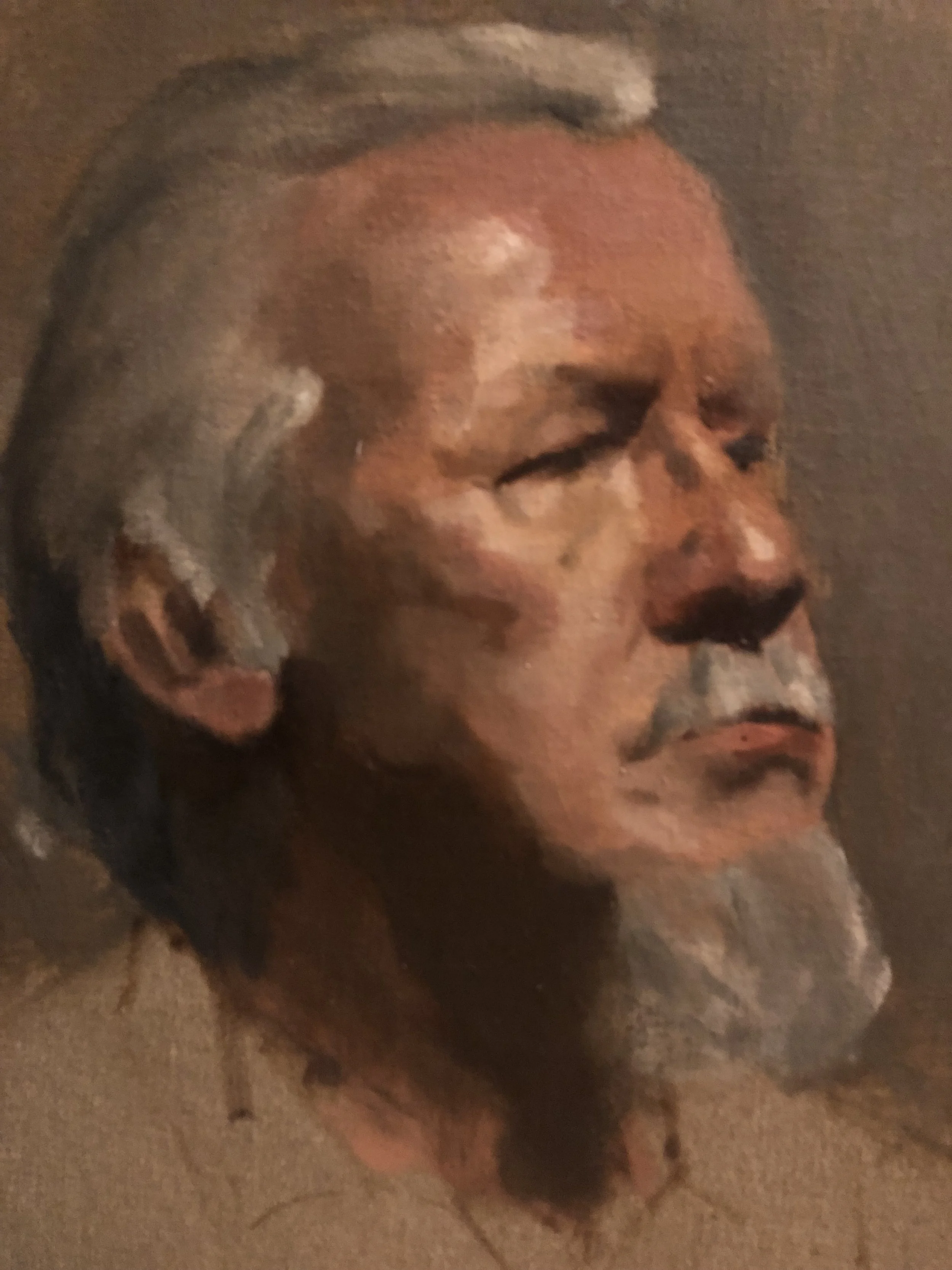 A painting of an elderly man with gray hair and a beard, with his eyes closed and a peaceful expression.