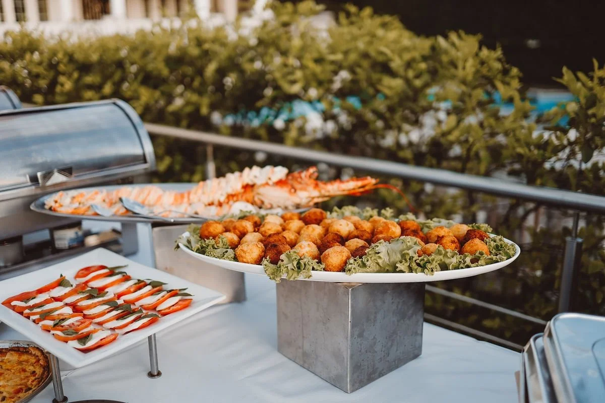 A platter of seafood on a table for a catering event