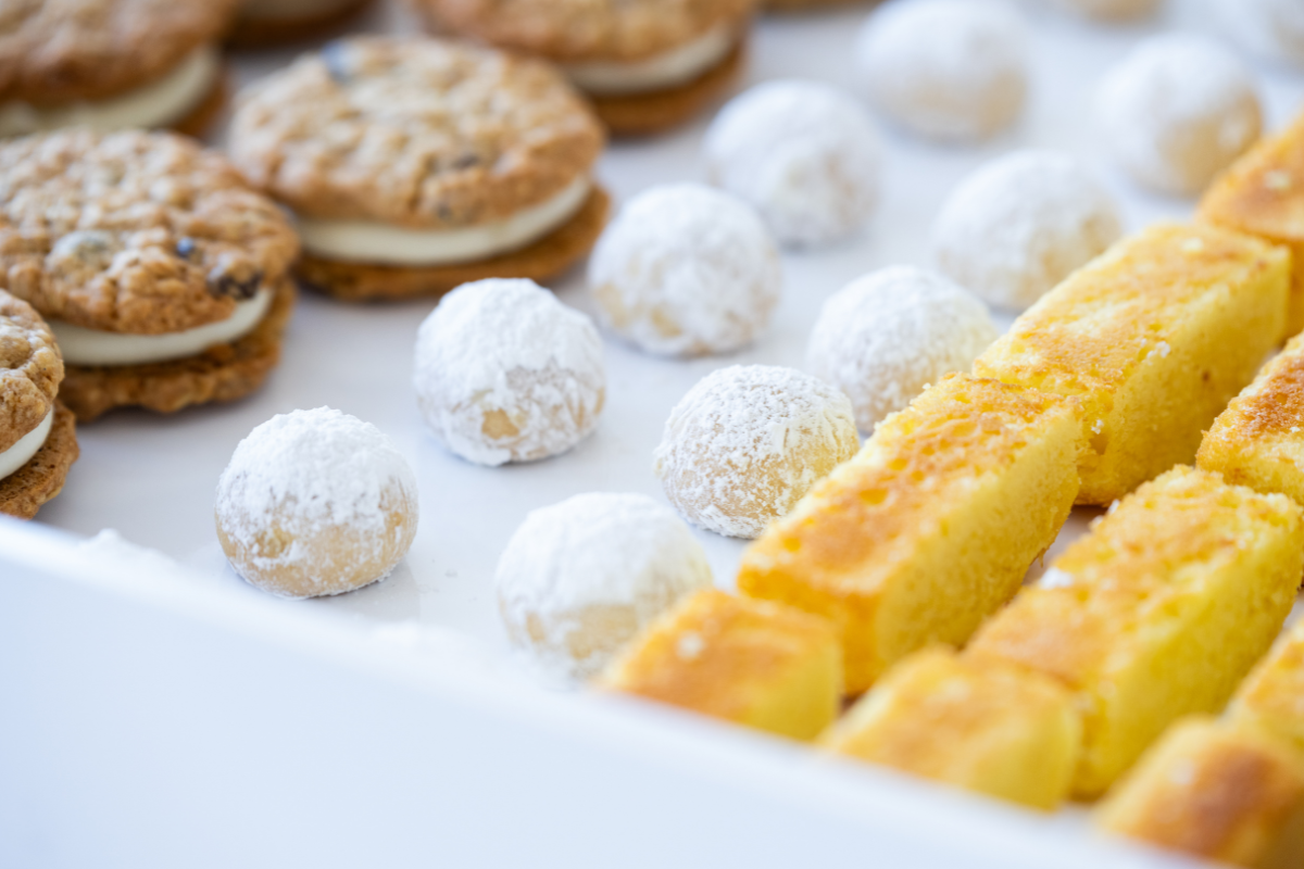 A bunch of desserts sitting on a table
